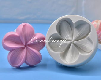 May include: A silicone mold for making a pink flower with five petals. The mold is shown next to a finished flower.