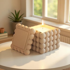 Può includere: Una candela quadrata beige con uno stoppino acceso. La candela è circondata da una cornice di sfere beige. Un coperchio quadrato beige abbinato è appoggiato contro la candela. La candela è su un tavolo bianco.