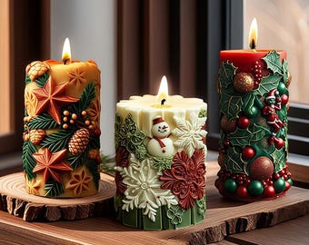 Christmas Pillar Candle Silicone Mold-Snowman Snowflake Candle Mold-Holly Flower Candle Mold-Embossed Star Candle Mold-Soy Wax Candle Mold