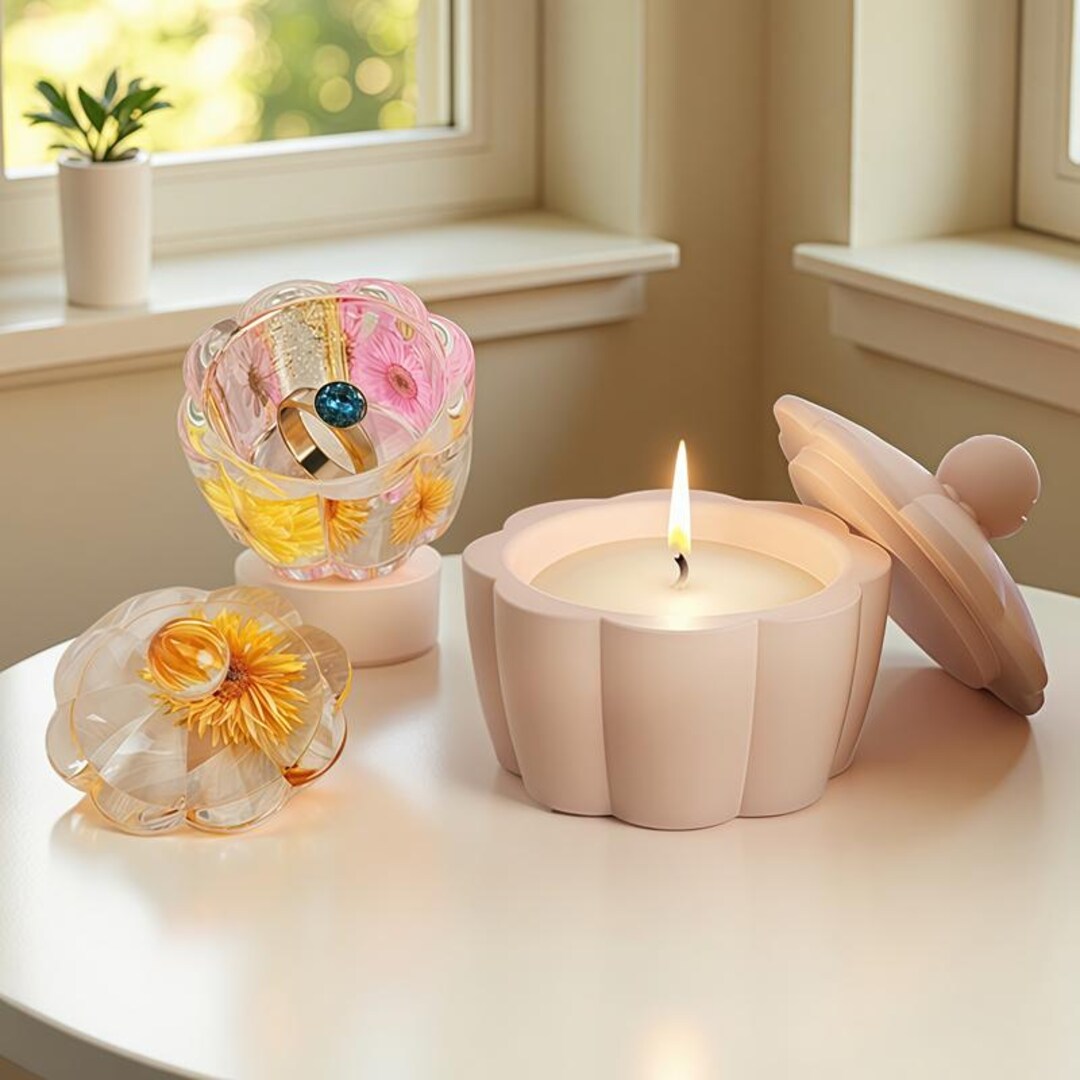 Flower Candle Jar Silicone Mold-flower Trinket Box Resin Mold