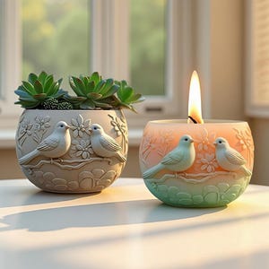 May include: Two decorative ceramic containers. One is a beige planter with succulents and embossed birds and flowers. The other is a lit candle in a glass holder with a gradient of colors and embossed birds and flowers.