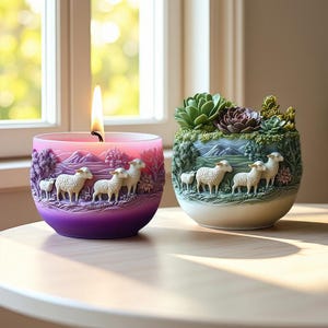 May include: Two decorative containers. One is a lit candle in a purple and pink glass with sheep relief. The other is a ceramic planter with succulents and sheep relief. Both are on a wooden surface near a window.