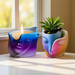 May include: A candle holder and a planter, both with face designs. The candle holder is blue and purple with a lit candle. The planter is blue, pink, and yellow, holding a green plant. Both are on a white surface.