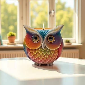Op de afbeelding: Een kleurrijke uilvormige kandelaar met een brandende kaars. De uil heeft een levendig ontwerp met tinten blauw, oranje, geel en roze. De kandelaar staat op een wit oppervlak, met een raam en groen op de achtergrond.