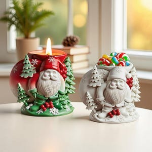 May include: Two Santa Claus-themed candle holders. One is red and green with a lit candle, the other is white and filled with colorful candies. Both have detailed Santa faces, Christmas trees, and snowflake accents.