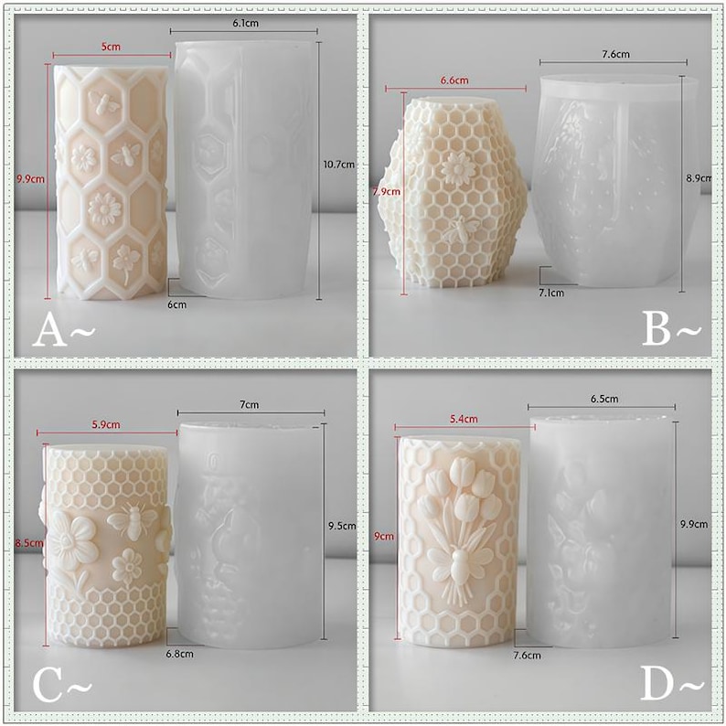 May include: Four candle molds with detailed designs. One mold features bees and flowers, another a honeycomb pattern, a third with bees and flowers, and the last with tulips. The molds are approximately 3.5 to 4 inches tall.