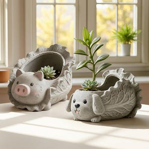 May include: Two gray concrete planters shaped like a pig and a dog, each holding a succulent plant. The pig planter has a pink snout and ears. The dog planter has a pink tongue. Both planters have a leaf-like design.