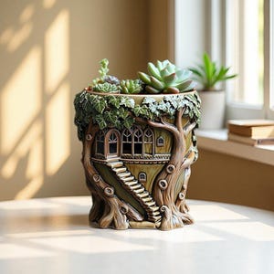 Könnte beinhalten: Ein dekorativer Blumentopf in Form eines Baumhauses mit detailliertem Design, einschließlich Treppe, Fenstern und Ästen. Der Topf ist mit kleinen Sukkulenten und Grünzeug gefüllt. Die Farbpalette umfasst Braun-, Grün- und Beigetöne.