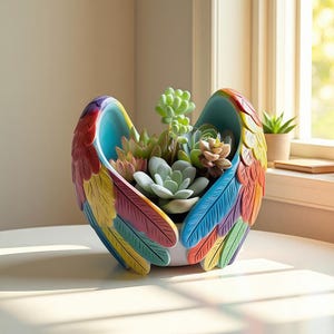 May include: A decorative, wing-shaped planter filled with succulents. The planter has a colourful design with red, yellow, blue, and purple feathers. The interior is light blue, and the succulents are green, white, and brown.