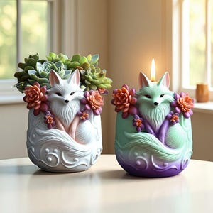 May include: Two fox-shaped decorative vases. One is white and holds succulents, the other is green and purple with a lit candle. Both are decorated with orange and purple flowers. The vases have a detailed, swirling design.