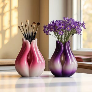 Puede incluir: Dos jarrones con forma de tulipán, uno rosa y otro morado, sobre una superficie blanca. El jarrón rosa contiene brochas de maquillaje, mientras que el jarrón morado exhibe flores moradas. Los jarrones tienen un acabado brillante y un diseño artístico único.