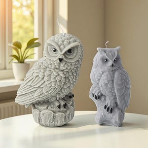 Pode incluir: Duas velas cinzentas em forma de coruja. A coruja maior está empoleirada numa base texturizada, com penas detalhadas e olhos grandes. A coruja menor tem um design mais simples. Ambas têm pavios.