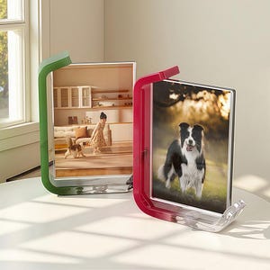 Pode incluir: Duas molduras de fotos modernas, uma verde e outra vermelha, cada uma com uma fotografia. A moldura verde mostra uma pessoa e um cão numa divisão. A moldura vermelha mostra um cão preto e branco num campo.