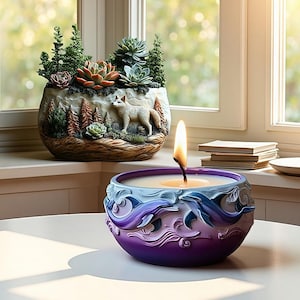 Peut inclure: Une bougie allumée dans un bol décoratif violet et bleu avec un relief de dauphins. Un deuxième pot décoratif avec des plantes succulentes et un relief de renard est en arrière-plan. La bougie est sur une table blanche près d'une fenêtre.