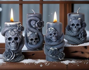 Reliëf schedel kaars siliconen mal-Rose Snake pijler kaars schimmel-Halloween schedel kaars schimmel-esthetische kunst kaars mal-soja wax kaars mal