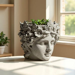Könnte beinhalten: Ein grauer, geformter Pflanztopf in Form eines klassischen Frauenkopfes, verziert mit einem Blumenkranz. Der Pflanztopf ist mit kleinen grünen Pflanzen gefüllt. Das detaillierte Design umfasst Gesichtszüge und fließendes Haar und schafft eine Vintage-Ästhetik.