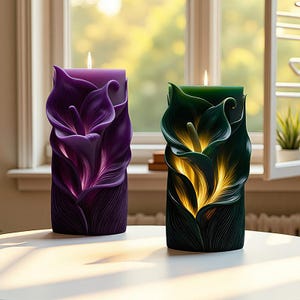 May include: Two decorative candles shaped like calla lilies. One is purple with pink accents, the other is green with yellow highlights. Both candles are lit, casting a warm glow. The candles are on a white table near a window.
