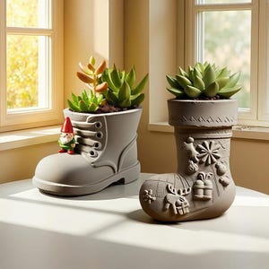 Peut inclure: Deux pots de fleurs en forme de botte, un gris et un marron, chacun rempli de plantes succulentes. La botte grise a une figurine de gnome. La botte marron présente des motifs de vacances en relief. Les deux sont sur une surface blanche près d'une fenêtre.