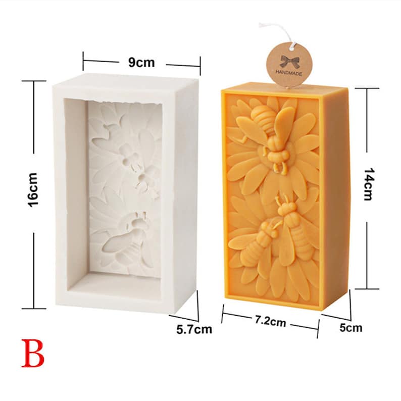 May include: A white silicone mold for making a rectangular candle with a bee and flower design. The mold measures 9 inches by 5.7 inches by 1.6 inches. A finished candle is shown next to the mold. The candle is yellow and has a bee and flower design. The candle measures 7.2 inches by 5 inches by 1.4 inches. The candle has a tag that says "Handmade".
