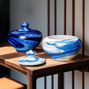 May include: Three ceramic vessels with blue and white swirling patterns. One is a lidded jar, another a bowl, and the third a small lid. The vessels are displayed on a wooden table.