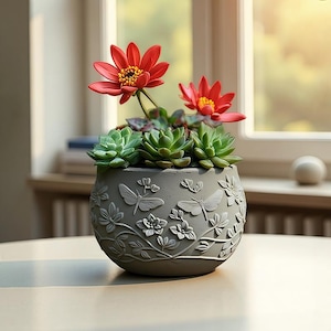 May include: A grey, round ceramic planter with embossed butterflies, flowers, and leaves. The planter holds green succulents and vibrant red flowers with yellow centres. The pot is on a light-coloured surface near a window.
