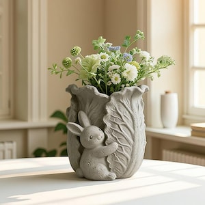 Könnte beinhalten: Ein grauer, kohlförmiger Pflanztopf mit einem geformten Hasen, der sich an der Seite festhält, gefüllt mit weißen, grünen und blauen Blumen. Der Pflanztopf besteht aus einem strukturierten Material und steht auf einer weißen Oberfläche.