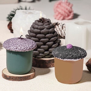 Może przedstawiać: Trzy świece w kształcie szyszki, żołędzia i grzyba. Świeca w kształcie szyszki jest ciemnobrązowa, świeca w kształcie żołędzia jest fioletowa i zielona, a świeca w kształcie grzyba jest czarna i brązowa. Wszystkie trzy świece stoją na drewnianych podstawkach.