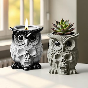 May include: Two owl-shaped decorative items. One is a candle holder with a lit candle, featuring a black and white owl design with a skull. The other is a gray owl planter with a succulent plant, also with a skull design.