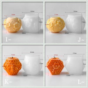 May include: A collection of four candle molds. Two are yellow with floral designs, measuring approximately 2.4 inches in height. The other two are white, with a floral design, measuring approximately 2.9 inches in height. The other two are orange, with a honeycomb and flower design.