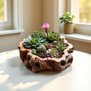 May include: A wooden planter filled with a variety of succulents and a single pink flower. The planter has a natural, rustic appearance, with visible wood grain and an organic shape. The arrangement includes different shades of green and grey succulents.