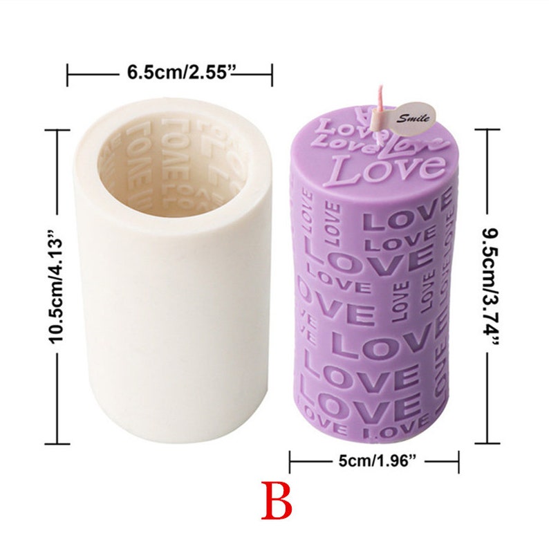 May include: A white silicone candle mold with a diameter of 6.5 inches and a height of 10.5 inches. The mold is next to a purple candle with the word "Love" repeated on the side. The candle is 5 inches in diameter and 9.5 inches tall.