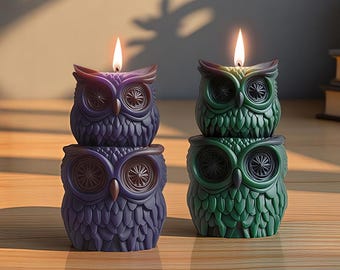 May include: Two owl-shaped candles, one purple and one green, are stacked. The candles have detailed feather and eye designs, with lit wicks. The candles are on a wooden surface, with soft lighting and shadows.