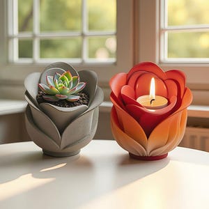 May include: Two flower-shaped decorative items. A grey concrete planter with a succulent and a red and orange candle holder with a lit tea light. Both are on a white surface.