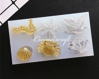 Marine Animal Silicone Mold-Small Sea Animal Resin Mold-Cute Seahorse Crab Mold-Seashell Starfish Mold-Coconut Tree Mold-Epoxy Resin Mold