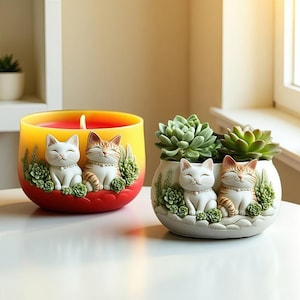 Può includere: Due oggetti decorativi a tema gatto. Uno è una candela in un bicchiere giallo e rosso con due figure di gatti. L'altro è un vaso di ceramica bianco con due gatti e piante grasse verdi. Entrambi gli articoli hanno un design simile.