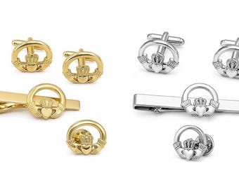 Gold and Silver Claddagh Cufflinks Sets, Irish Wedding Gift for Him, Celtic Groom Gift, Tie Clips and Lapel Pins, Two Complete Sets