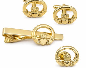 Gold Claddagh Cufflinks and Tie Bar Set Irish Jewelry Gift for Him Wedding Anniversary Gift Mens Irish Heritage Accessories from Ireland