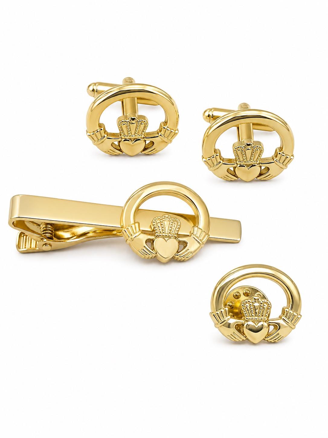 Gold Claddagh Cufflinks and Tie Bar Set Irish Jewelry Gift for Him Wedding Anniversary Gift Mens Irish Heritage Accessories from Ireland