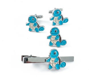 Squirtle Cufflinks, Tie Clip & Suit Pin Set | Pokemon Gift for Him | Gamer Wedding Cufflinks | Nerdy Groom Gift