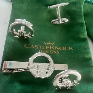 Claddagh Ring Cufflinks Tie Clip Pin Set Silver Irish Jewelry Gift for Him Wedding Anniversary Men&#39;s Accessories Classic Irish Heritage Set