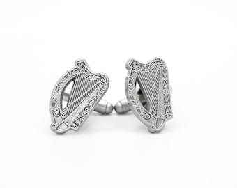 Wedding Cufflinks, Celtic Harp Design, Silver Finish | For Groom, Groomsmen, Irish Heritage