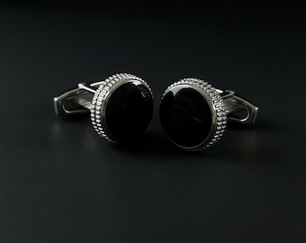 Black Round Cufflinks for Men, Classic Black Wedding Cufflinks, Minimalist Men's Jewelry, Formal Suit Accessories, Groom and Groomsmen Gift