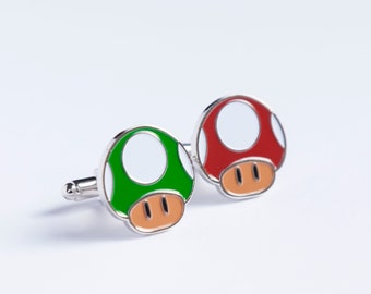 Mushroom Power-Up and Extra Life Mario Cufflinks Retro Gaming Accessories Handcrafted Unique Gift Gamers Geeky Wedding Jewelry for Mario Fan