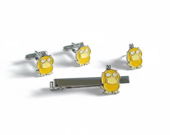 Pokémon Psyduck Cufflinks, Tie Clip and Lapel Pin Set, Gaming Wedding Accessories, Gamer Gift for Him, Groom and Groomsmen Gift Idea for Men