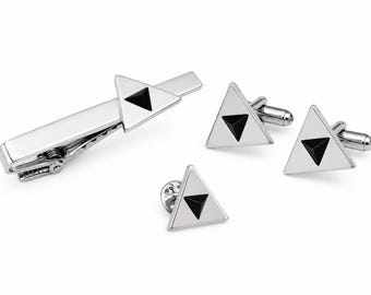 Legend of Zelda Triforce Cufflinks Pin Tie Clip Set Silver Zelda Accessories Gamer Gift for Him Geek Jewelry Set Cosplay Jewelry