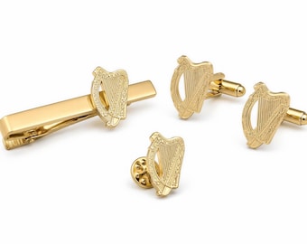 Irish Harp Cufflinks, Elegant Suit Pin And Tie Clip Set | Gold Plated Brass | French Cuffs, Groom Gift