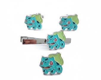 Bulbasaur Cufflinks & Tie Clip Set | Pokemon Gift for Him | Gamer Wedding Cufflinks | Geeky Groom Accessories