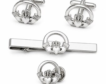 Claddagh Ring Cufflinks Tie Clip Pin Set Silver Irish Jewelry Gift for Him Wedding Anniversary Men's Accessories Classic Irish Heritage Set
