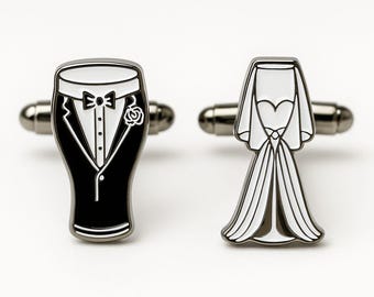 Bride and Groom Cufflinks – Stout Beer Tuxedo and Bridal Dress Champagne Flute – Funny Wedding Gift for Groomsmen or Bachelor Party