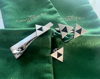 Juego de gemelos y alfiler de corbata con la Trifuerza de Legend of Zelda, accesorios de plata de Zelda, regalo para gamer, conjunto de joyas geek, joyería de cosplay.